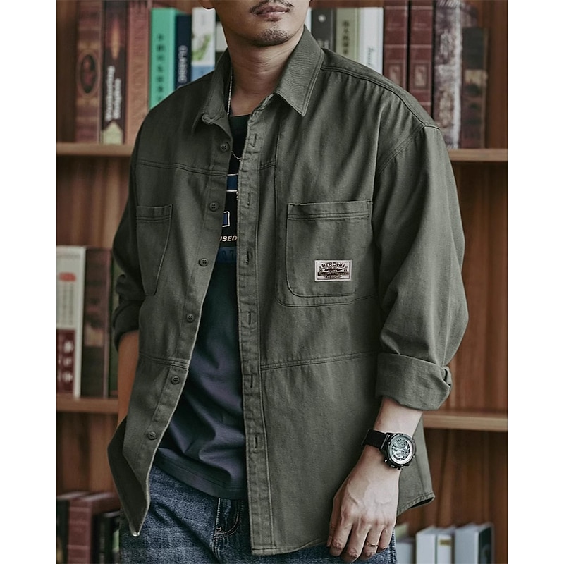 Men's Shirt Jacket Overshirts Transition Jacket Daily Lightweight Pocket Summer Spring Plain Classic Lapel Apricot Black Navy Blue Blue Dark Green Jacket3