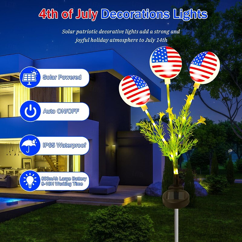 1 Pc Outdoor Waterproof Solar Powered US Flag Ground Insertion Light July 4th US Independence Day Memorial Day Garden Courtyard Lawn Path Tomb Decoration Light Garden Light 27 Bead Pole Shines4