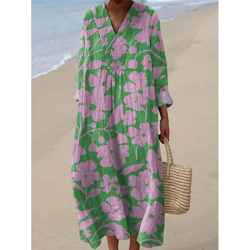 Women's Midi Dress V Neck Long Sleeve Kaftan Lightweight Loose Fit A Line Dress Casual Boho Party Going out Floral Graphic Long Sleeve V Neck Gray Green Dark Pink off-white Pink / White4