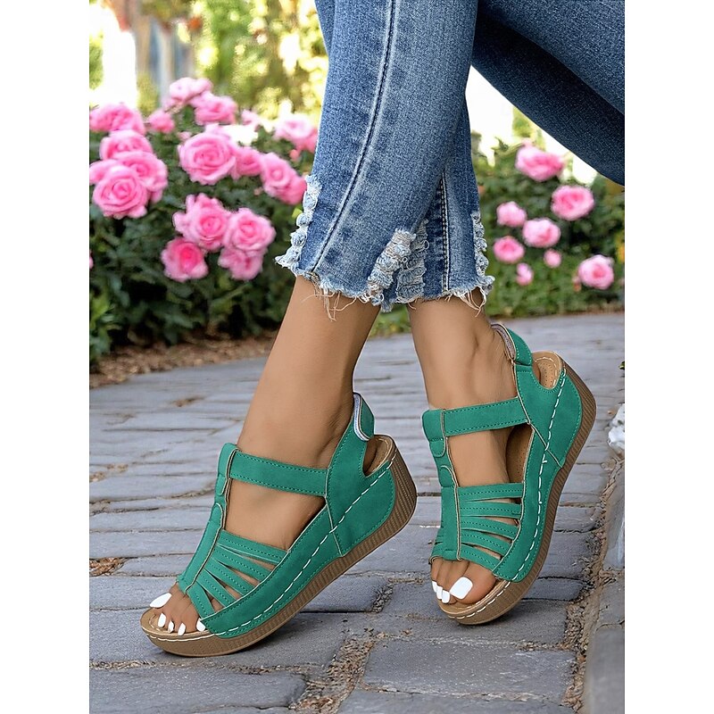 Women's Green Strappy Sandals with Hook-and-Loop Closure – Lightweight Walking Shoes for Casual Wear2