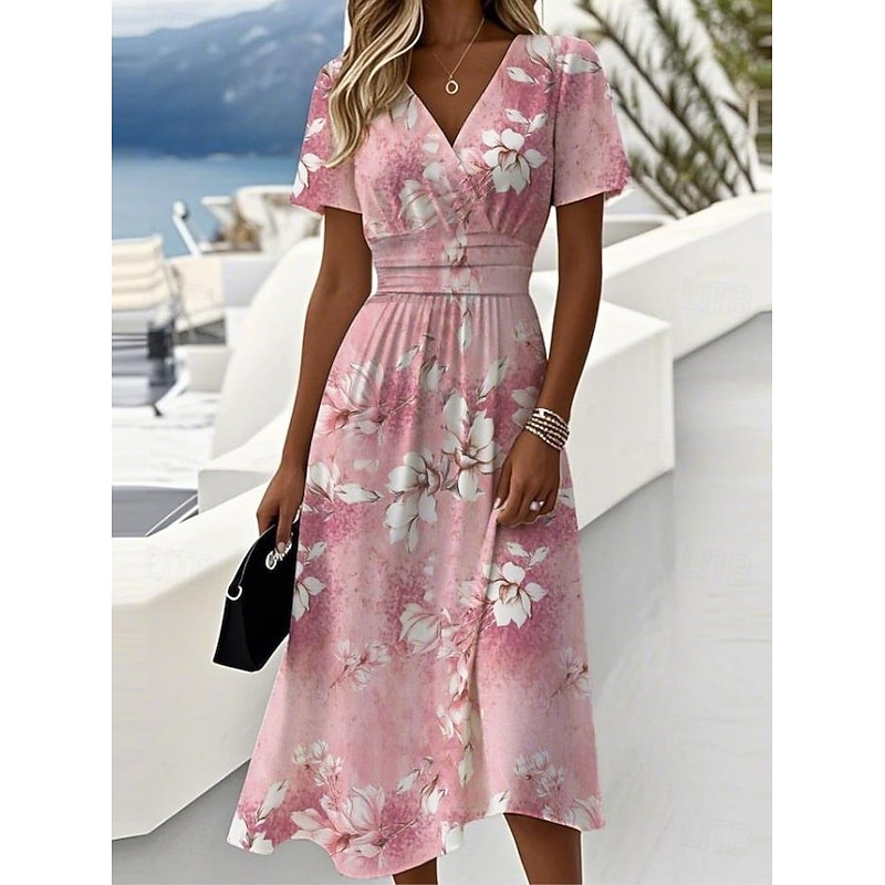 Women's Elegant Midi Dress A Line Dress Wrap Dress V Neck Short Sleeve Going out Regular Fit Floral Graphic Pink Blue Purple Green