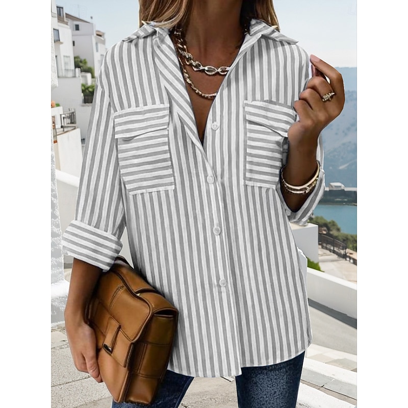 Women's Shirt Long Sleeve Button Down Blouse BGeometric Striped Vintage Tropical Stylish Shirt Collar Regular Tops Work Daily Holiday Buttons Pocket Print Blue Summer Spring4
