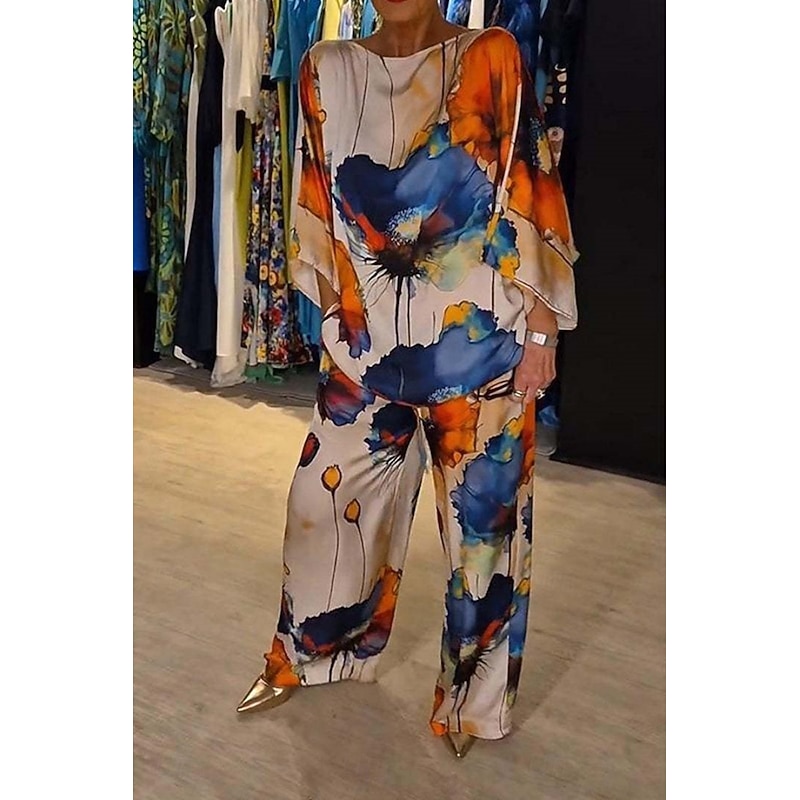 Women's 2 Pieces Vacation Streetwear Daily Pants Sets 3/4 Length Sleeve Crew Neck Floral Print Casual Daily Black Blue Orange Summer Regular Fit