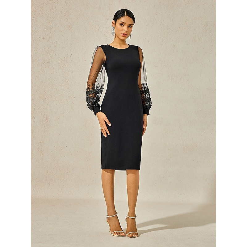 Women's Tea Length Black Dress Lace Dress Elegant Christmas Party Plain Long Sleeve Crew Neck Black Spring Fall Winter4