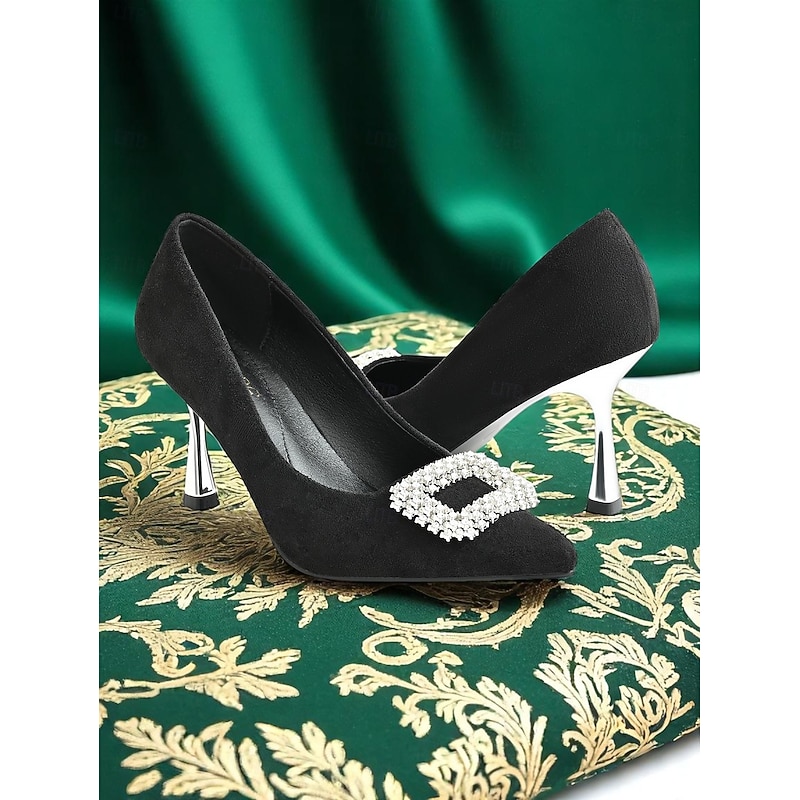 Women's Black Suede Stiletto Heels with Rhinestone Buckle – Sophisticated Pointed Toe Evening Pumps for Prom and Cocktail Occasions