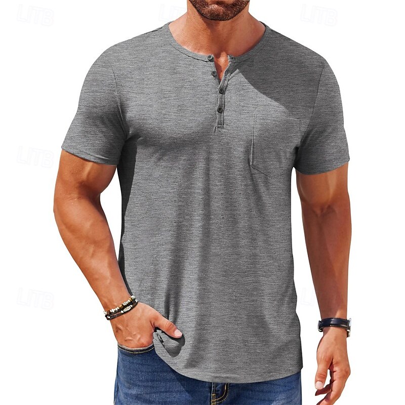 Men's T Shirt Henley Shirt Tee Short Sleeve Shirt Short Sleeve Henley Summer Color Block Fashion Designer Basic Buttons Vacation Street Going out Black White Blue Top Tee for Men