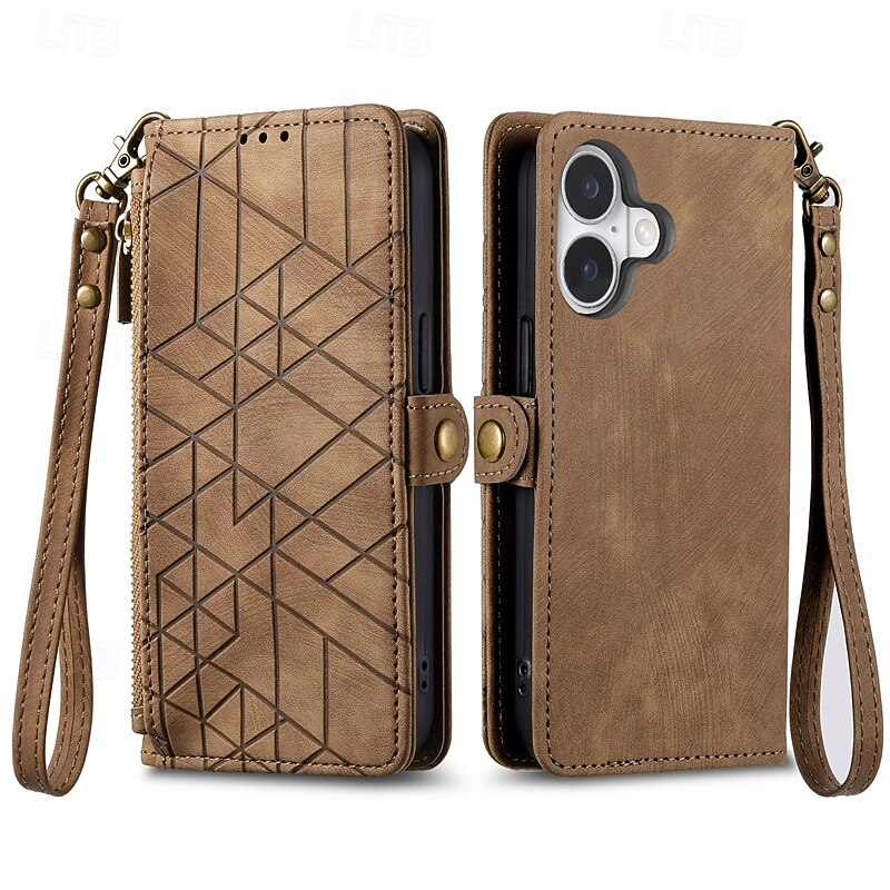 Phone Case For iPhone 16 15 14 Pro Max Plus 16e 13 12 11 Pro Max Wallet Case Flip Cover with Wrist Strap Shockproof Retro Geometric Pattern TPU PU Leather2