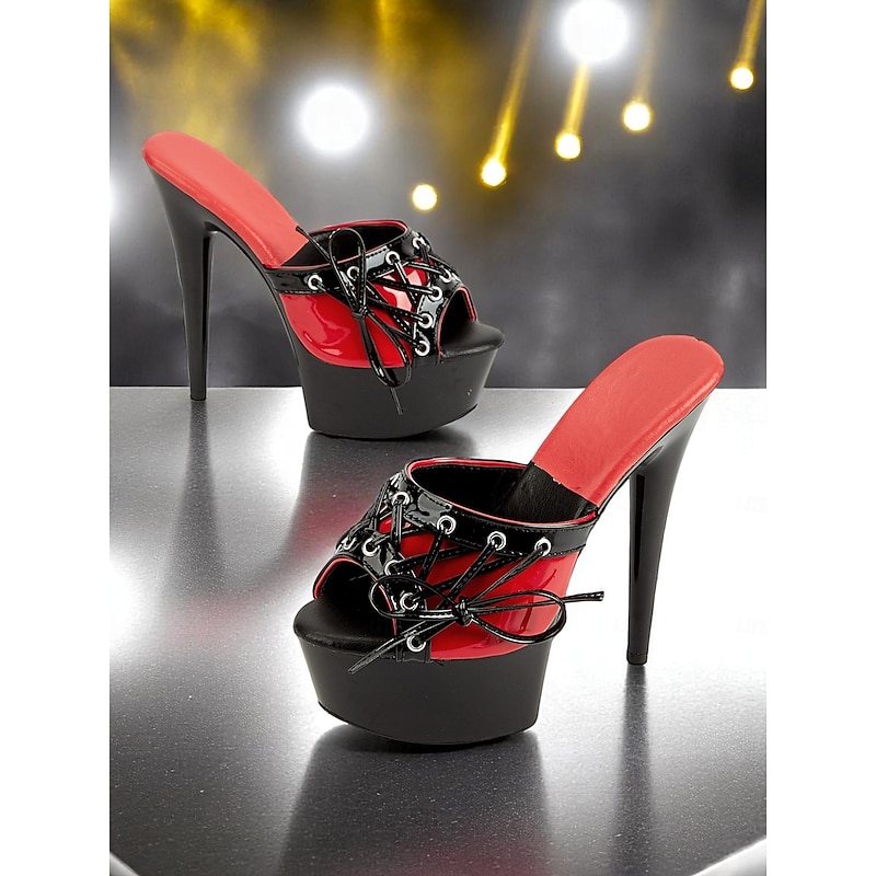Women's Red and Black Platform Mules – Patent Leather Lace-Up Heels for Clubwear and 1980s Punk-Inspired Nightlife Style2