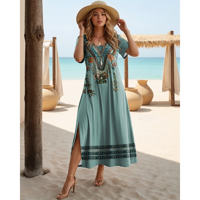 Women's Midi Dress Sundress A Line Dress Vacation Casual Boho Butterfly Sleeve Beach Regular Fit Graphic Tribal Short Sleeve Crewneck Light Blue Black Gold Black Light Green Summer Spring2