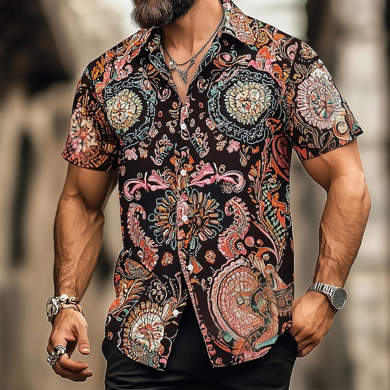 Men's Floral Print Indian Boho Shirt Summer Hawaiian Shirt Button Up Shirt Short Sleeve Hawaiian Vacation Holiday Beach Wear Summer Spring Turndown 3D Print Collared Shirts Black - Main Image
