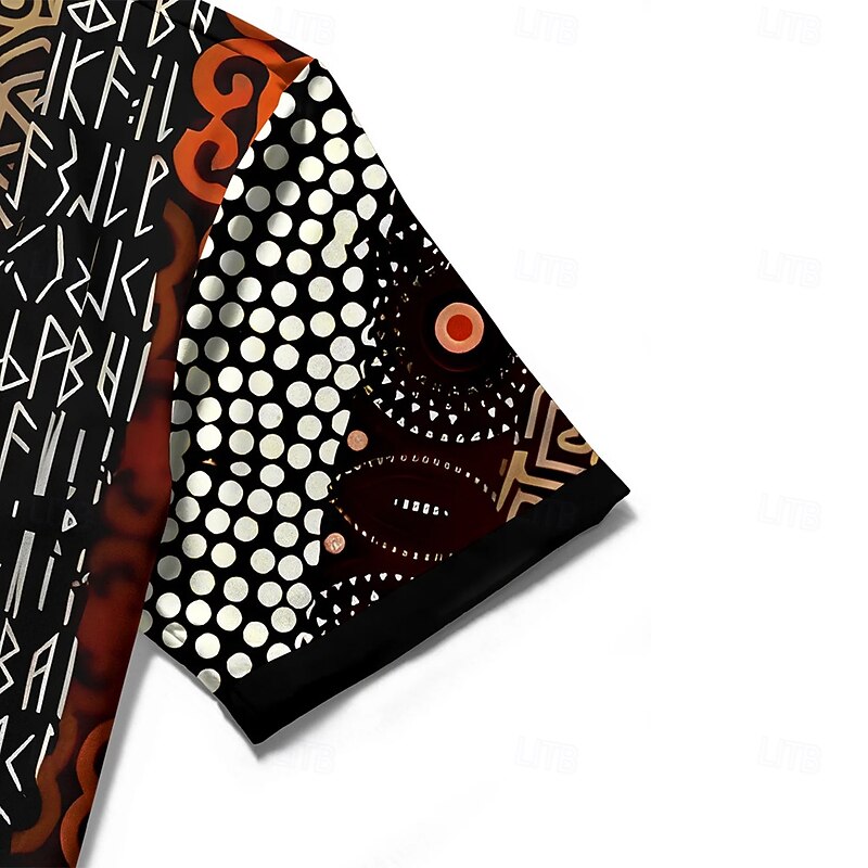 Men's Geometric Ethic / African Shirt Button Up Shirt Short Sleeves Vintage Retro Casual Daily Summer Spring Turndown 3D Print Front One Pocket Linen Like Shirt Black3