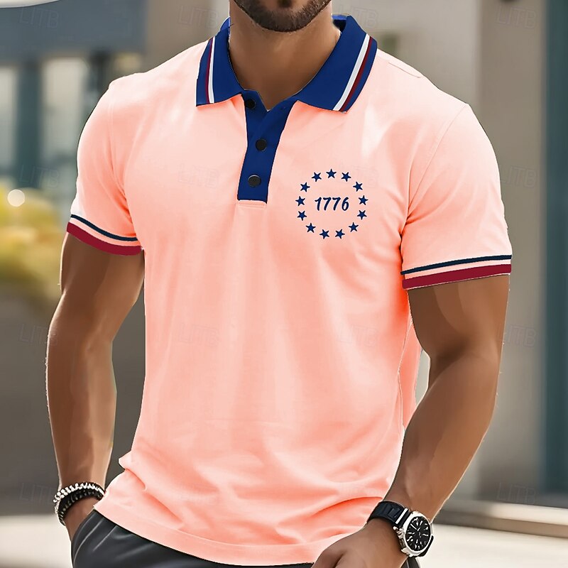 Men's American US Flag Polo Short Sleeves Polo Collar Casual Daily Athleisure Casual Daily Festival Buttons Summer White Blue Orange2