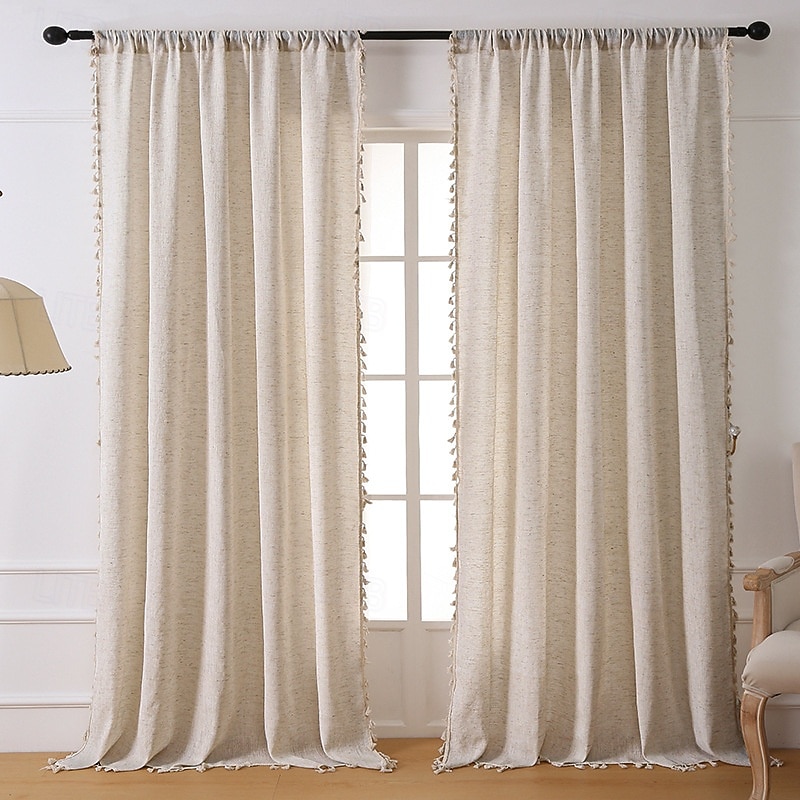Beige Linen Curtains Semi-Transparent All-Season Decorative Drapes for Bedroom & Living Room, Machine Washable Polyester, Rod Pocket Style, Traditional Home Decor, Bedroom Decor for Living Room