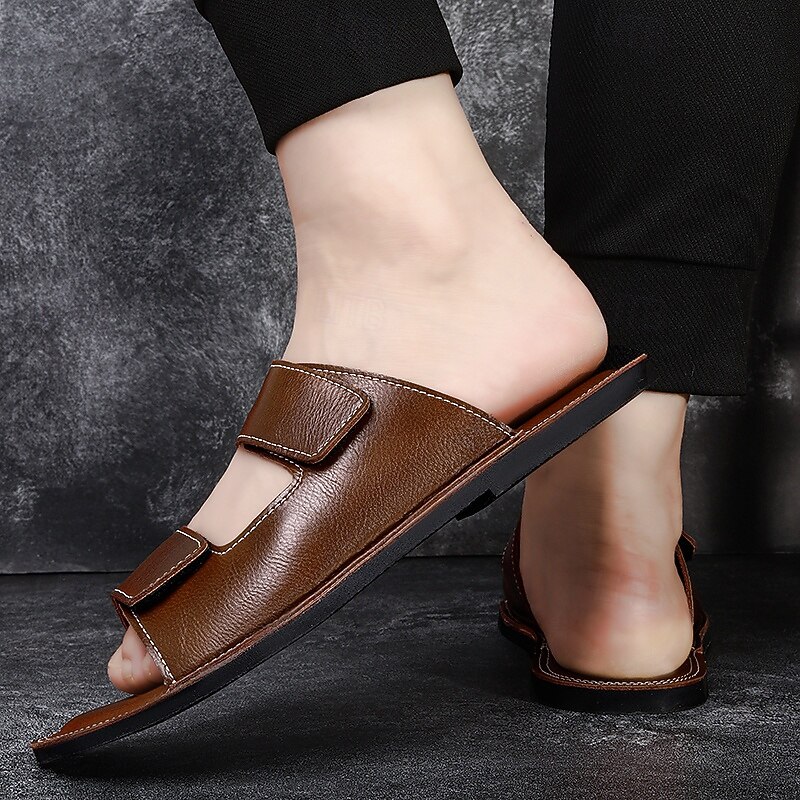 Men's Brown Wide Fit Sandals with Dual Magic Tape Straps Soft Footbed for Adults Great for Elderly Daily Indoor Use Easy Slip-On Comfort for Home or Travel2