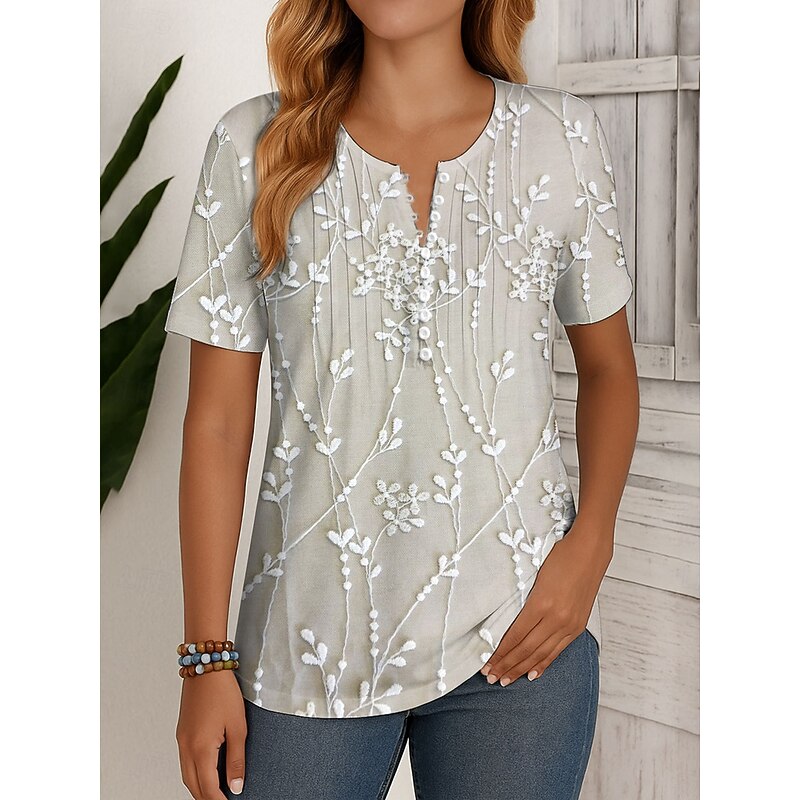 Women's T Shirt Floral Graphic Vintage Stylish Classic Short Sleeve Round Neck Regular Tops Daily Weekend Beach Wear Smocked Buttons Print Blue off-white Summer Spring