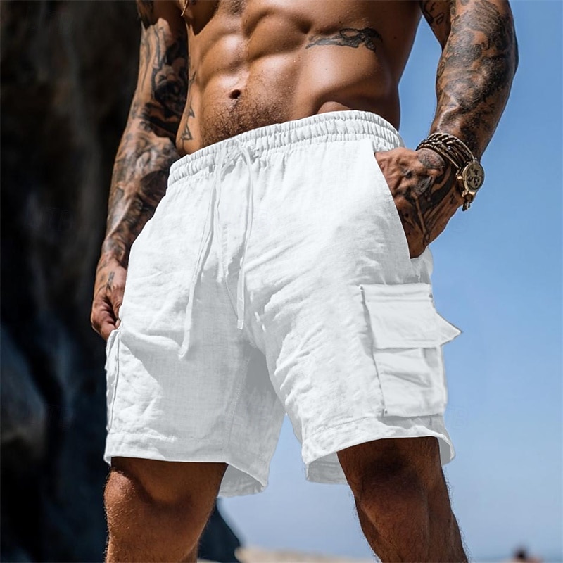 Men's Shorts Linen Shorts Summer Shorts Beach Shorts Drawstring Elastic Waist Multi Pocket Plain Knee Length Outdoor Holiday Beach Vacation Hawaiian Black White Inelastic2
