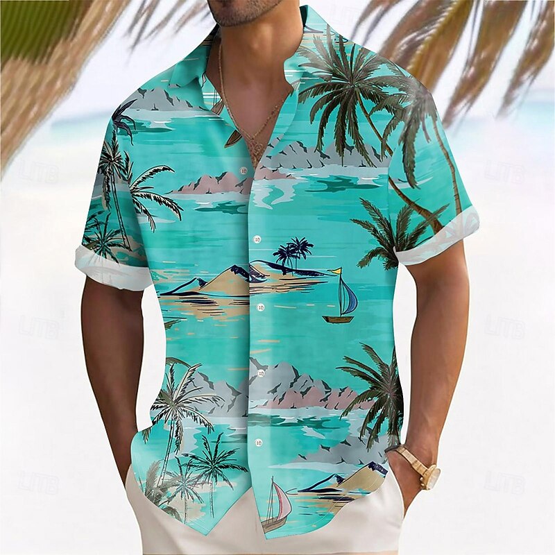 Men's Coconut Tree Tropical Plants Summer Hawaiian Shirt Button Up Shirt Aloha Shirt Short Sleeve Hawaiian Resort Vacation Holiday Beach Wear Summer Spring Turndown 3D Print Collared Shirts Green