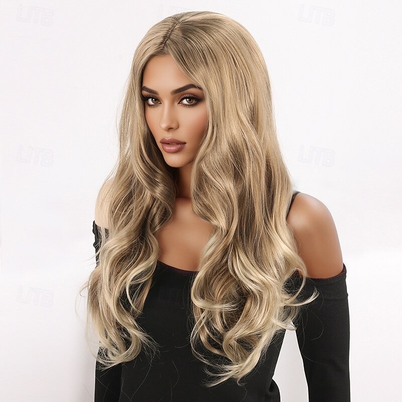 Synthetic Wig Wavy Deep Wave Layered Haircut With Bangs Machine Made Wig 26 inch A1 Synthetic Hair Women's Classic Comfortable Color Gradient Blonde4