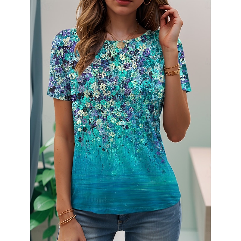 Women's T Shirt Floral Graphic Plants Vintage Stylish Classic Short Sleeve Crew Neck Round Neck Regular Tops Daily Print Blue Rainbow Summer Spring