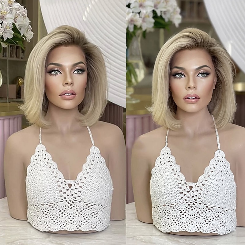 Brazilian Remy Human Hair 5x5 Closure Wigs 13x4 Lace Front Wig Short Bob Human Hair Straight Wigs Ombre Ash Blonde Colored Glueless  Wigs Pre-Plucked For Women4