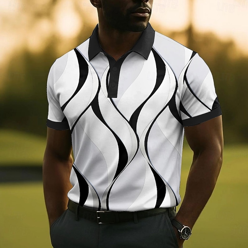 Men's Geometic Line Polo Short Sleeve Polo Shirts Collared Shirts Business Casual School Outdoor Daily Wear 3D Print Summer White Yellow Blue