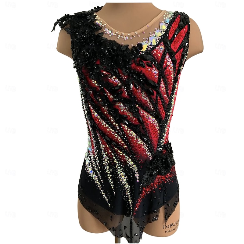 Rhythmic Gymnastics Leotard Women's Girls' Ice Skating Gymnastics Leotard Black Thumbhole Halo Dyeing High Elasticity Professional Competition Skating Wear Crystal / Rhinestone Sleeveless Ice Skating Figure