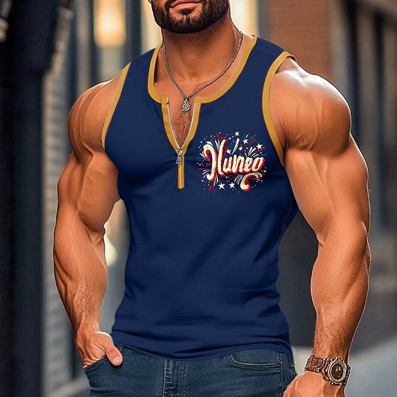 Men's Tank Top Vest Undershirt Sleeveless Shirt Sleeveless U Neck Summer Patchwork Independence Day Fashion Sporty Classic Zipper Street Casual Sports Black White Navy Blue Top Tee for Men