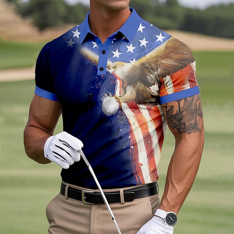 American Independence Day Men's American US Flag Polo Short Sleeve Polo Shirts Collared Shirts Casual Outdoor Sports Daily Wear 3D Print Summer Blue