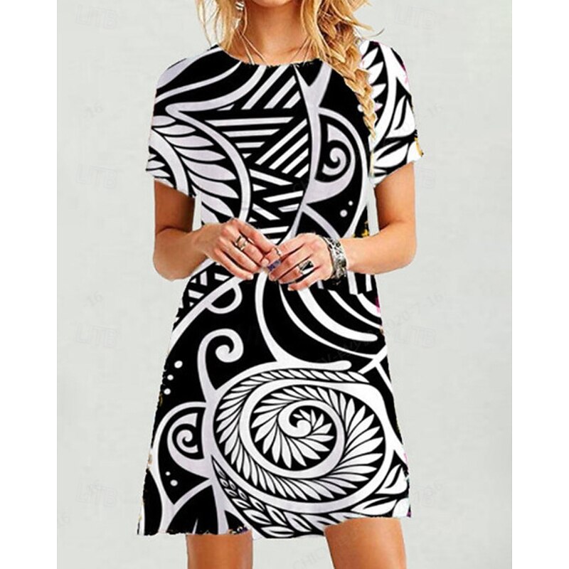 Women's Mini Dress Casual Dress Floral Dress Classic Modern Vacation Daily Holiday Regular Fit Geometric Short Sleeve Crew Neck Black Orange Summer4
