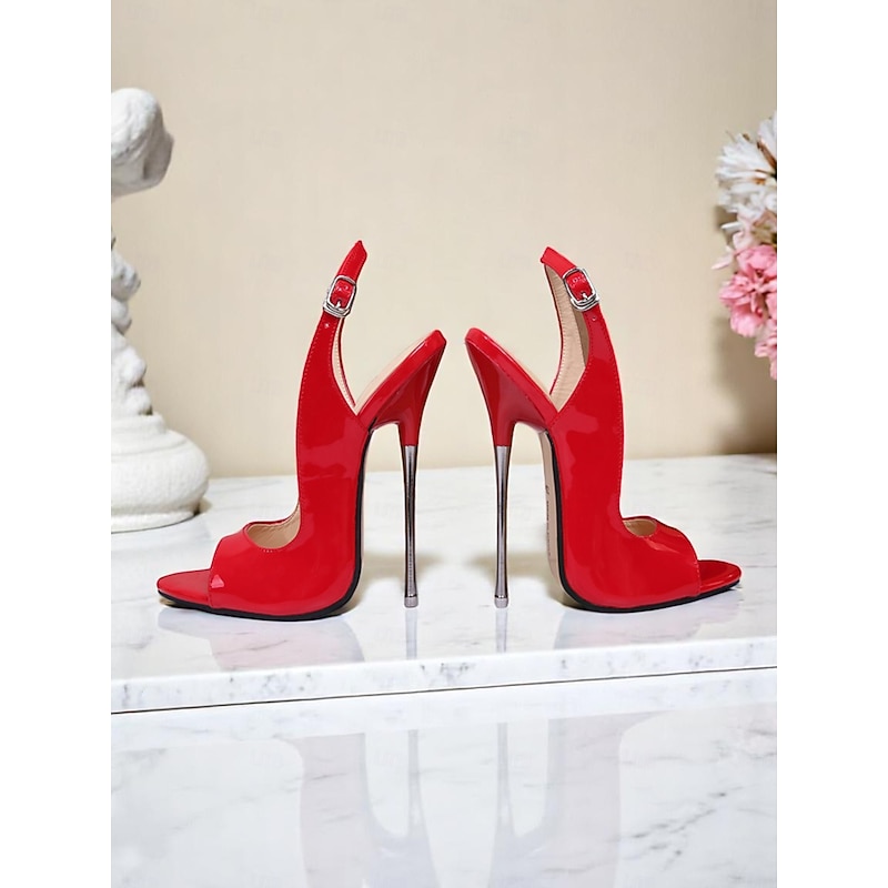 Women's Red Patent Slingback Heels with Stiletto and Open-Toe Design - Sexy High Heels for Nightlife Parties