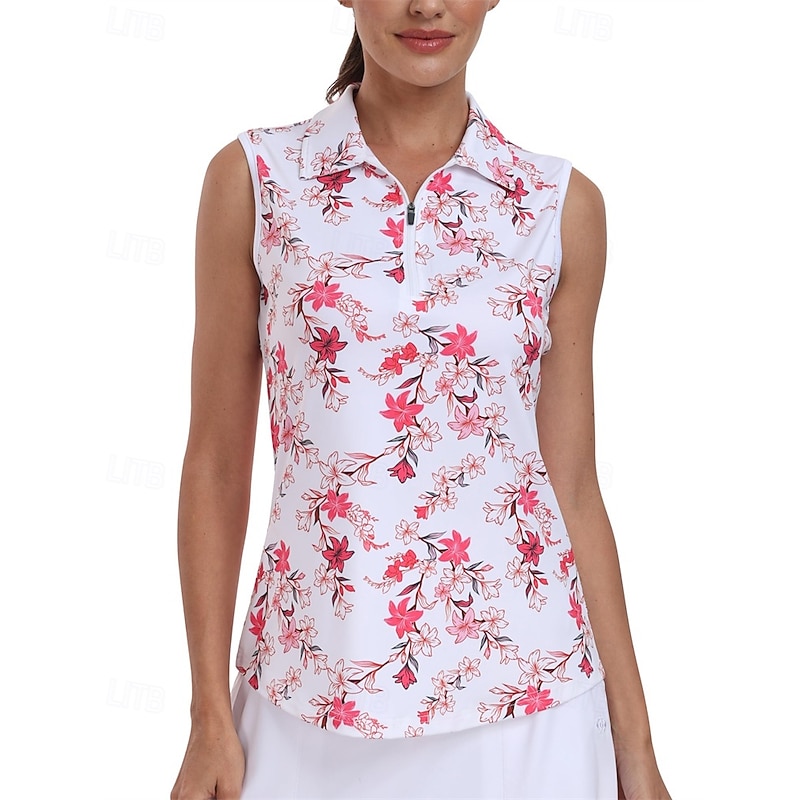 Women's Floral Tennis Shirt Sleeveless Print UPF50+ Quick Dry Tennis Golf Badminton Zip Collar Tee Tshirt Top Pink Green Tennis Clothing4