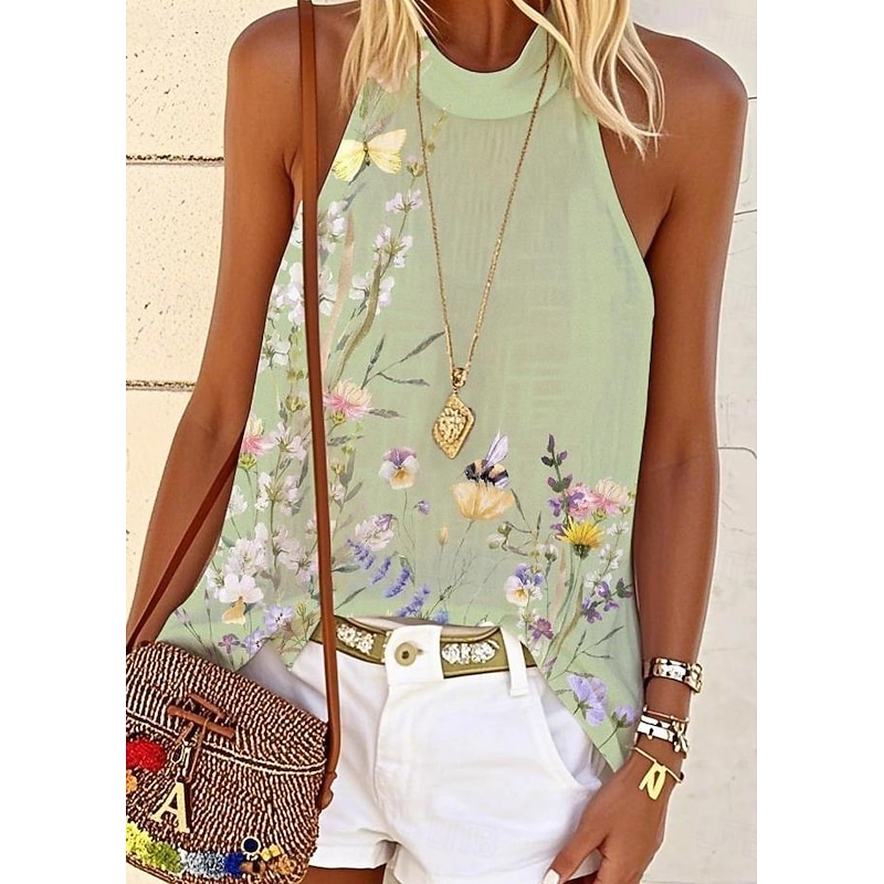 Women's Tank Top Floral Graphic Daily Casual Sleeveless Halter Neck Regular Tops Daily Print Pink Blue Green Summer Spring