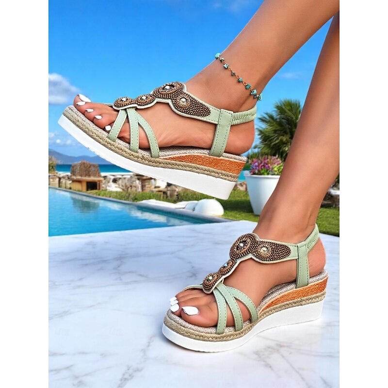Women's Green Bohemian Beaded Wedge Sandals – Ethnic Style Platform Shoes for Summer Vacation, Beach & Casual Wear2