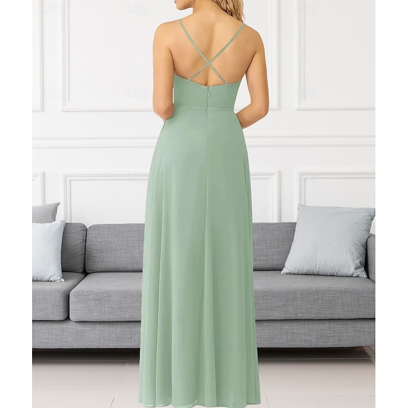 A-Line Bridesmaid Dress V Neck / Spaghetti Strap Sleeveless Elegant Floor Length Chiffon with Ruffles / Split Front / Ruching 20222