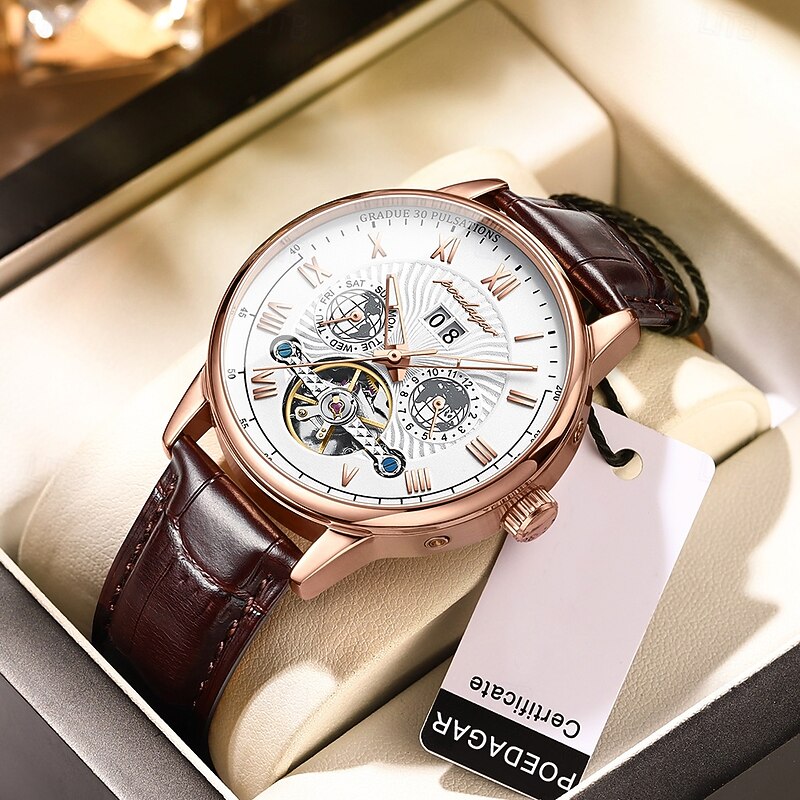 Automatique Mechanical Hollow Watch Luxury Waterproof Date&Week Leather Fashion Men's Watch Business Male Clock Leisure