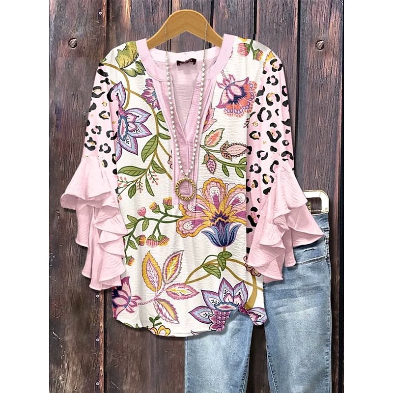 Women's Blouse V Neck Floral Graphic Leopard Elegant Bohemia Vintage 3/4 Length Sleeve Regular Tops Daily Holiday Vacation Wear Ruffle Print Blush Pink Light Green Pink Light Blue Summer Spring Fall4