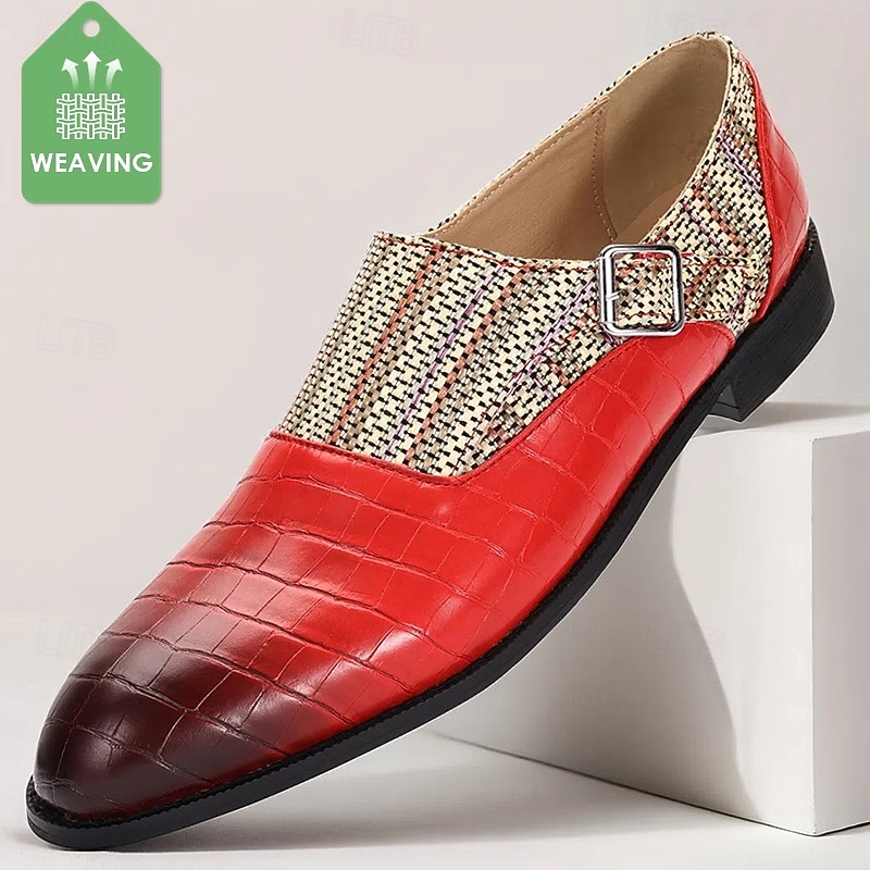 Men's Red Crocodile Pattern Monk Strap Loafers with Breathable Woven Nylon Upper Faux Leather Dress Shoes for Adults Suitable for Weddings Business Parties