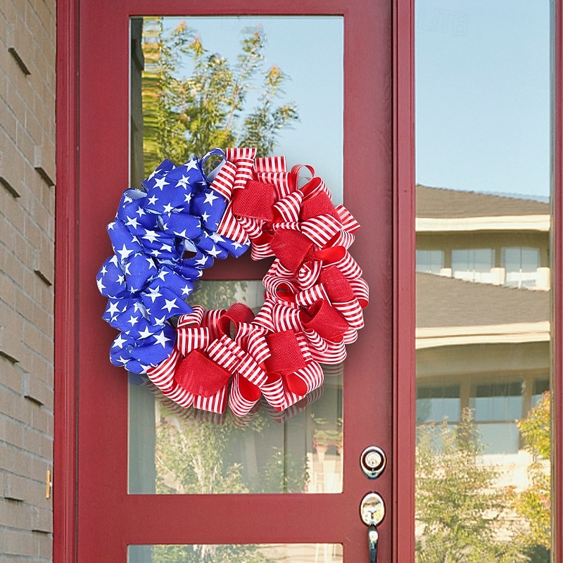 Patriotic Wreath for Front Door 4th of July Independence Day Red White and Blue Decoration, American Flag Ribbon Faux Burlap Vine Ring, Rustic Wall Hanging for Party Window or Door Decor4