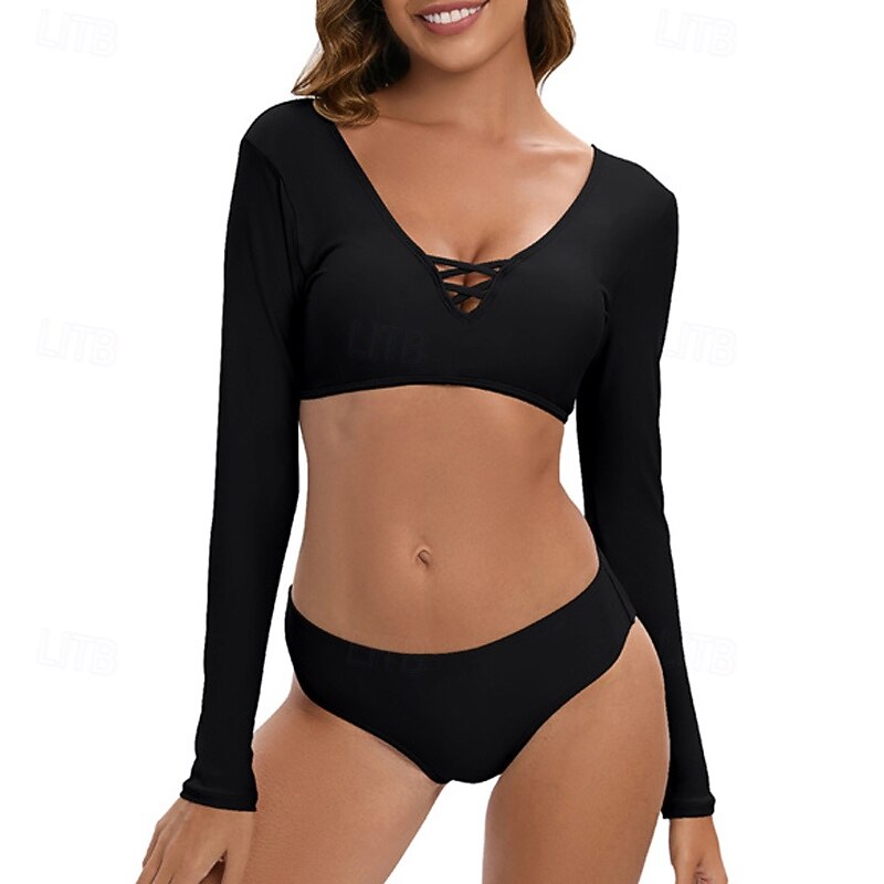 Women's Tankini Two Piece Swimsuit Open Back Swimwear Solid Colored Swimwear Black Breathable Quick Dry Long Sleeve - Swimming Surfing Snorkeling Summer2