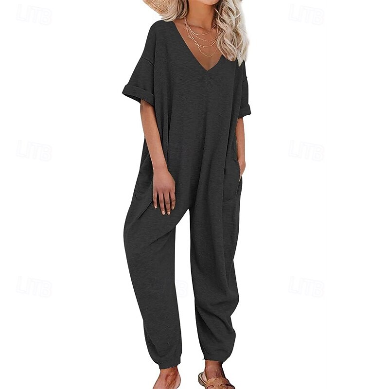 Women's Normal Jumpsuit Stylish Solid Color Half Sleeve Harem V Neck Pocket Street Daily Regular Fit Black Yellow Pink Summer3
