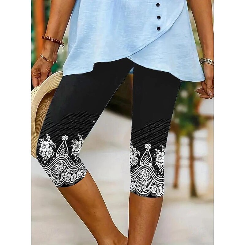Women's Leggings Capri Pants High Elasticity Vacation Fashion Hawaiian Calf-Length Mid Waist Floral Graphic Printing Breathable Soft  Vacation Casual Daily Lake blue Black Blue Light Blue