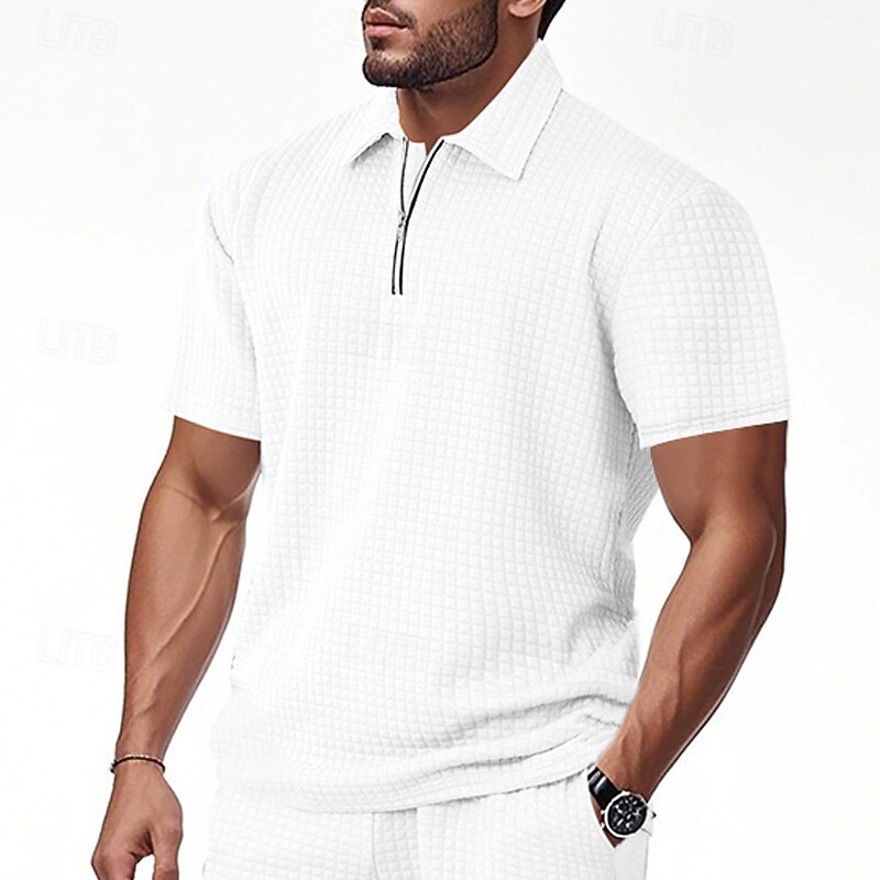 Men's Waffle Polo Shirts Quarter Zip Polo Daily Holiday Lapel Short Sleeve Fashion Basic Plain Jacquard Summer Regular Fit Black White Khaki Light Grey Army Green Waffle Polo Shirts3