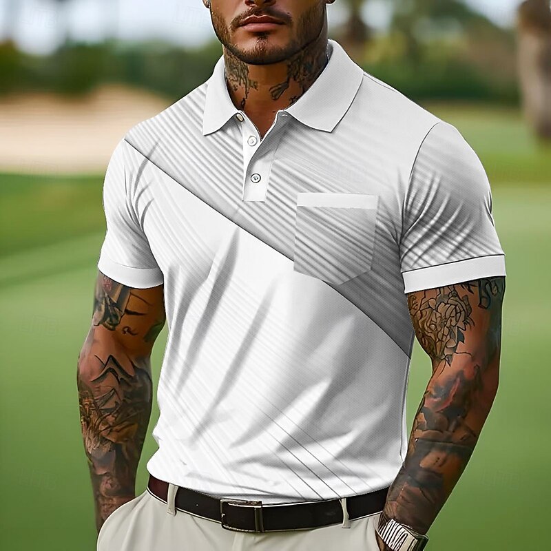 Men's Button Up Polos Business Casual Lapel Short Sleeve Office Geometic Line Buttons Pocket Summer Yellow Blue Green Gray Button Up Polos4