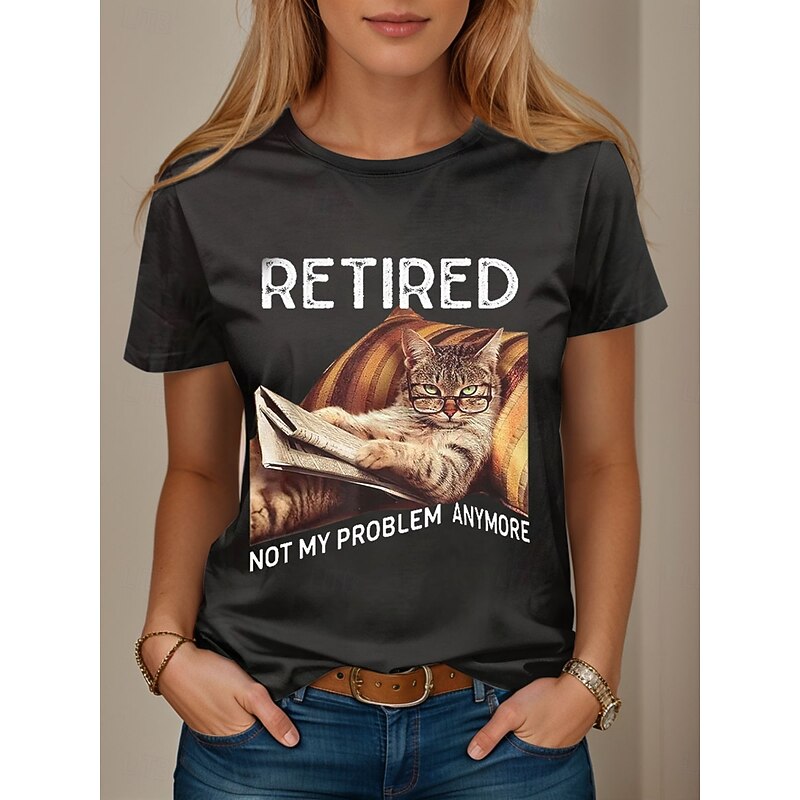 Women's T Shirt Retired Graphic Animal Letter Vintage Stylish Classic Short Sleeve Crew Neck Regular Tops Daily Weekend Print Black Summer Spring