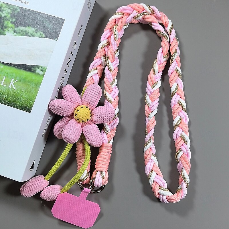 Cute Braided Phone Lanyard Strap with Plush Flower Charm – Soft Neck Rope for Phone Case
