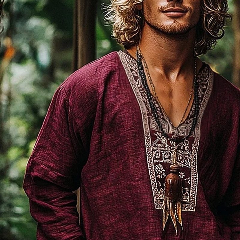 Men's Shirt Linen Shirt Popover Shirt Summer Shirt Beach Wear Retro Shirts Ethnic Vacation Holiday Wine Brown Green Long Sleeve V Neck Summer Spring Clothing Apparel Loose Fit2