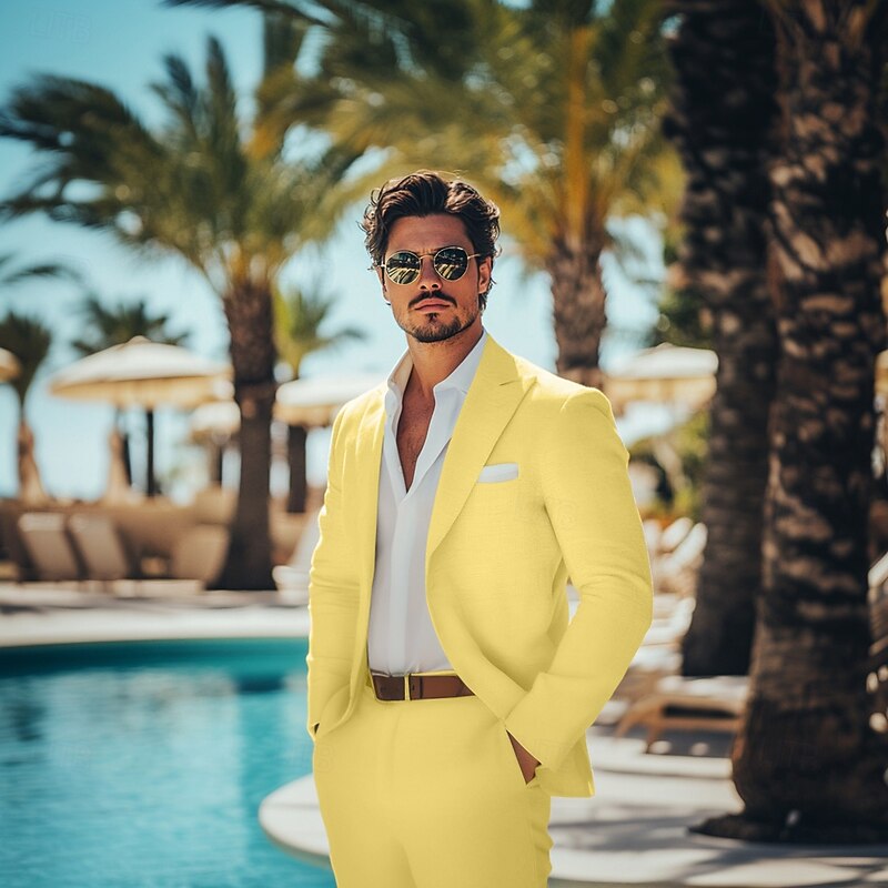 Men's Casual Wedding Linen Suits Summer Daffodil Beige Fashion Casual Solid Colored Standard Fit 2 Piece Single Breasted One-button