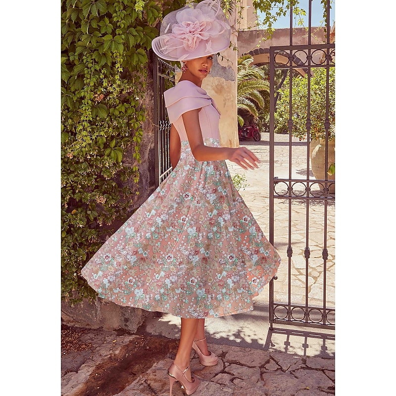 Floral A-Line Embroidered Cocktail Dresses Elegant Dress Formal Wedding Guest Ankle Length Short Sleeve Off Shoulder Sequined with Glittery Dresses2