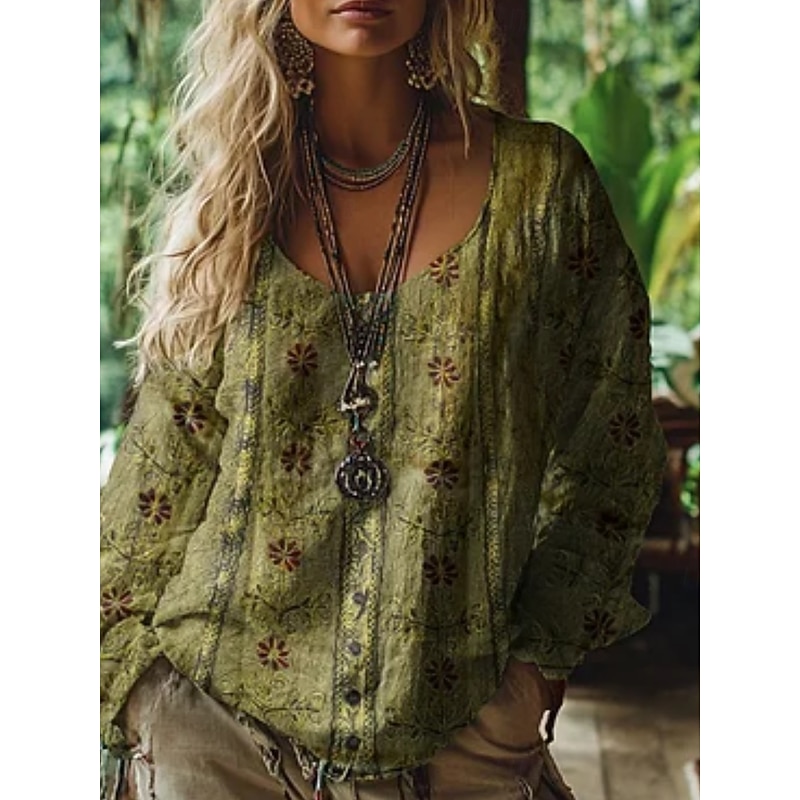 Women's Western Blouse Boho Shirt Blouse Flower Modern Casual Long Sleeve V Neck Regular Tops Daily Holiday Going out Print Light Green Pink Blue Purple Green Summer Autumn3