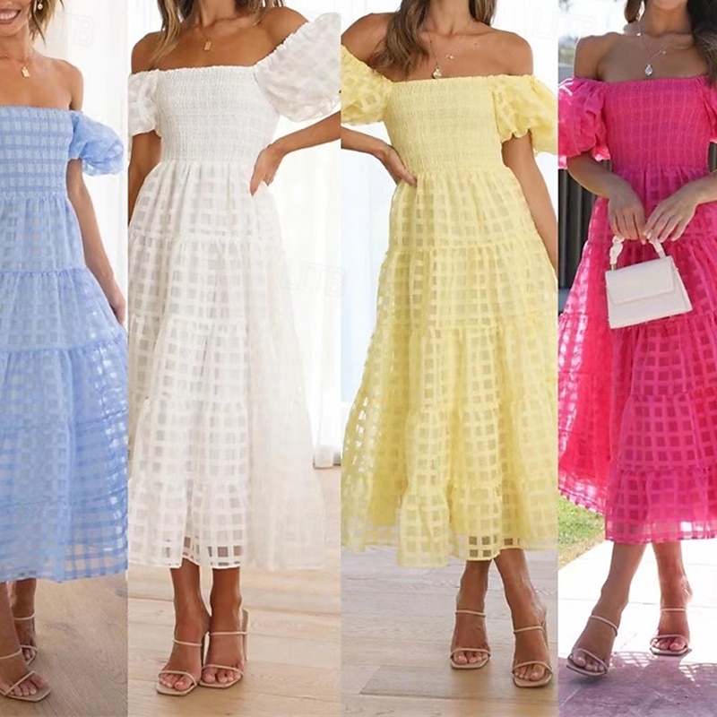 Women's Long Dress Maxi Dress Casual Dress Fashion Outdoor Party Holiday Regular Fit Plain Short Sleeve Off Shoulder White Pink Blue Summer